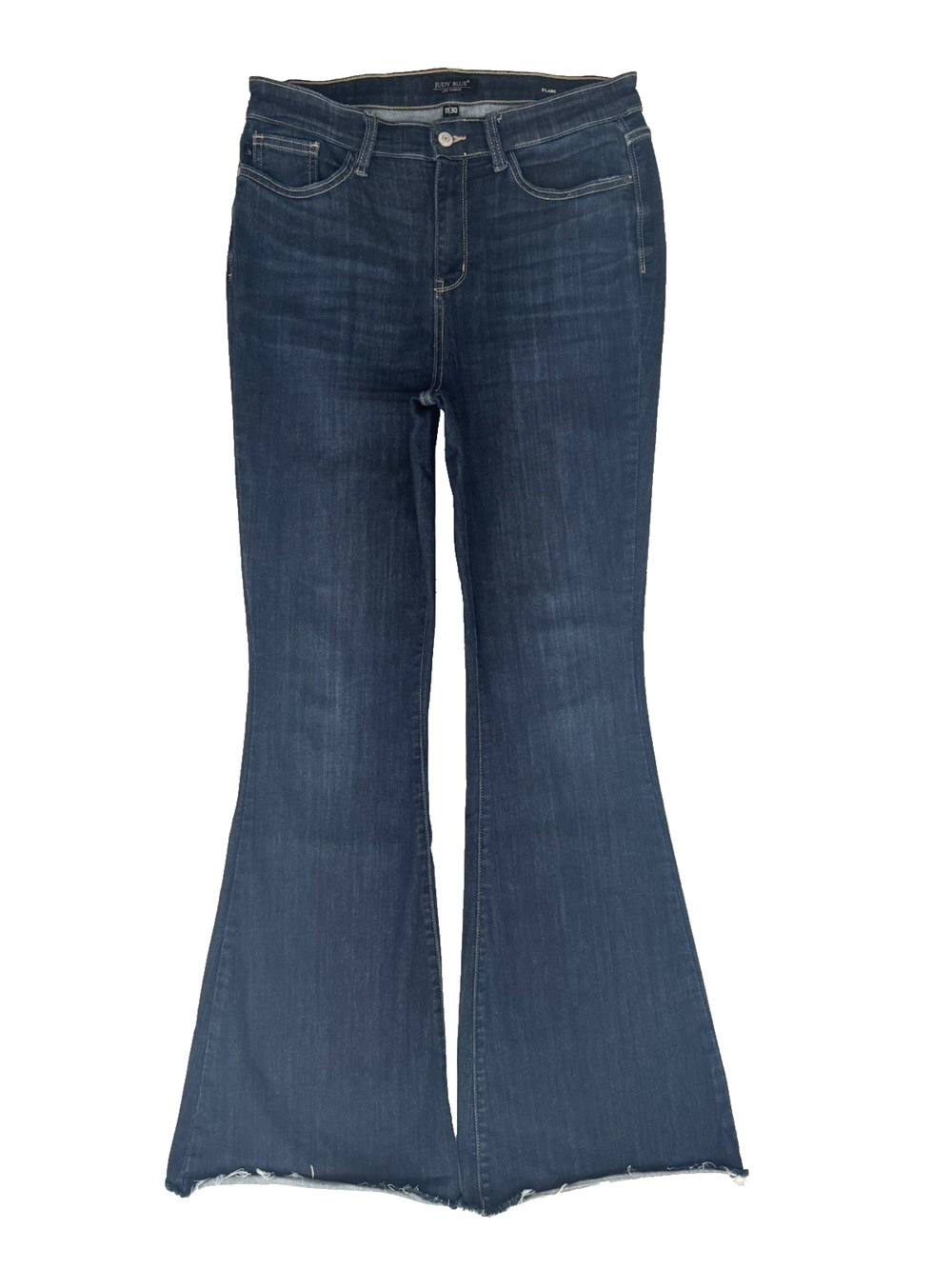 Judy Blue Flare Jeans 30 Dark-Wash Blue Cotton-Stretch Denim Raw Hem 33" Long
